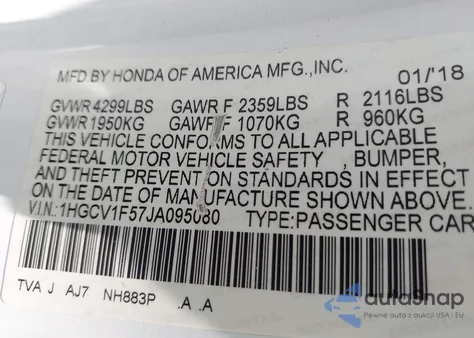 2018 Honda Accord Ex-L z USA, uszkodzony, nr VIN 1HGCV1F57JA095080